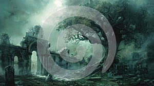 Giant World Tree In Old Ruins Medieval Fantasy Landscape Background