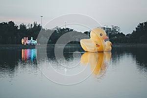 Giant yellow three ducks family doll is the most popular view for photos Udonthani province Thailand