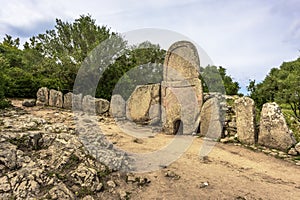 Giants` grave of Coddu Vecchiu built during the bronze age by the nuragic civilization, Doragli, Sardinia, Italy