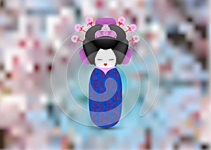 Japan National kokeshi doll in a blue kimono. Geisha style Vector illustration isolated or Japanese floral blurry background