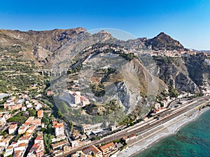 Giardini Naxos, Taormina e Castelmola veduta panoramica aerea dll\'alto dal mare photo