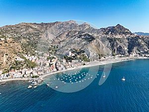 Giardini Naxos, Taormina e Castelmola veduta panoramica aerea dll\'alto dal mare photo