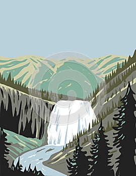 Gibbon Falls a Waterfall on the Gibbon River in Northwestern Yellowstone National Park Wyoming USA WPA Poster Art