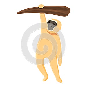 Gibbon hanging tree branch icon, cartoon style