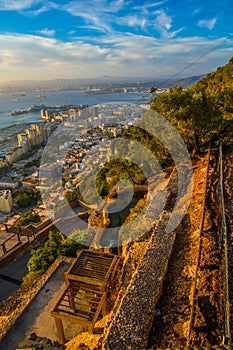 Gibraltar and Spain on the sunset background