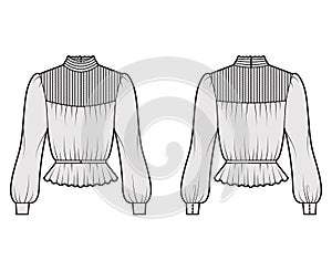 Gibson blouse technical fashion illustration with puff long sleeves, stand collar, peplum hem, fitted body, pintucked.