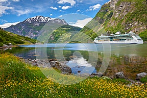 Gierangerfjord at spring, ship and village, Norway, Northern Europe