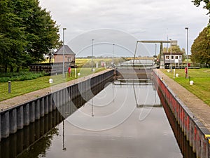 Gieselau canal lock and draw bridge from Kiel Canal to Eider, Schleswig-Holstein, Germany