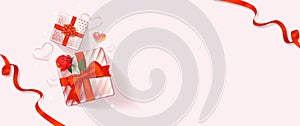 Gift banner with red ribbon and roses on a light background