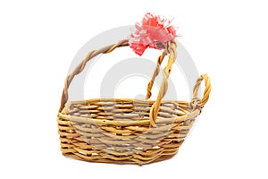 Gift basket with empty space and red ribbon tagged on white back