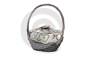 Gift basket full of money in different currencies