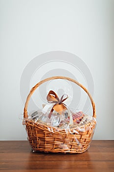 Gift basket on grey background