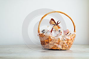 Gift basket on grey background