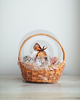 Gift basket on grey background