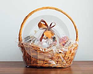 Gift basket on grey background