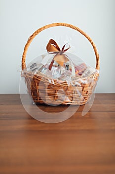 Gift basket on grey background