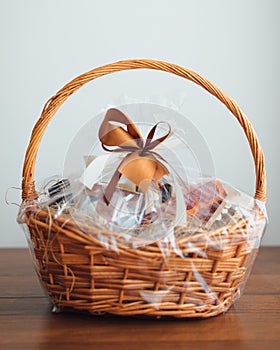 Gift basket on grey background