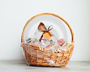Gift basket on grey background