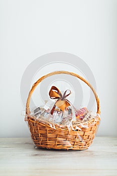 Gift basket on grey background