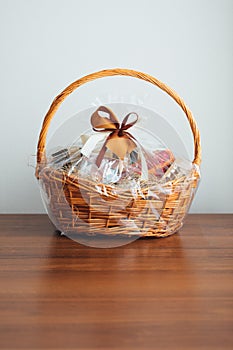 Gift basket on grey background