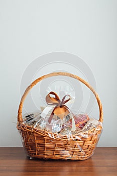 Gift basket on grey background