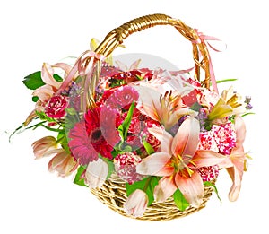 Gift basket of lilias, roses and gerberas photo