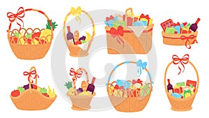 Gift basket. Wicker baskets with present boxes for christmas, food, fruit, chocolate and vine bottle. Flat hamper with