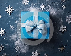 gift blue box on blue background. concetto Christmas and New Year. Copy space photo