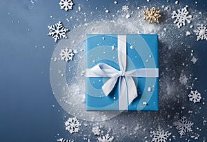 gift blue box on blue background. concetto Christmas and New Year. Copy space photo