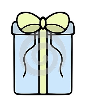 A gift in a blue rectangular elongated box. The surprise is decorated with a yellow bow with ties.