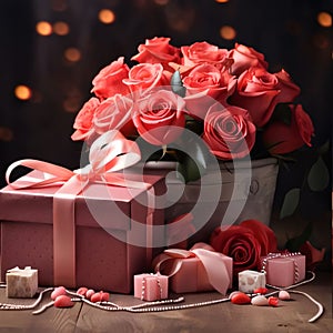 Gift with bow beads and red roses on a dark background. Flowering flowers, a symbol of spring, new life