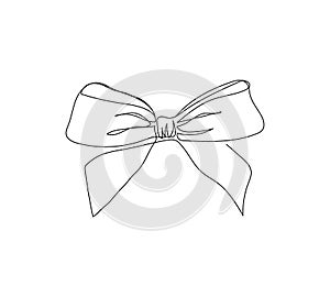 Gift bow one line art. Continuous line drawing of new year holidays, christmas, celebration, packaging, ribbons, curls