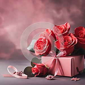 Gift with a bow and red roses on a light background elegantly arranged. Flowering flowers, a symbol of spring, new life