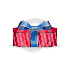 Gift box 3d, blue ribbon bow Isolated white background. Decoration present red gift-box for Happy holiday, birthday