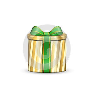 Gift box 3d, green ribbon bow Isolated white background. Decoration present gold gift-box for Happy holiday, birthday