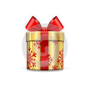 Gift box 3d, red ribbon bow Isolated white background. Decoration present gold gift-box for Happy holiday, birthday