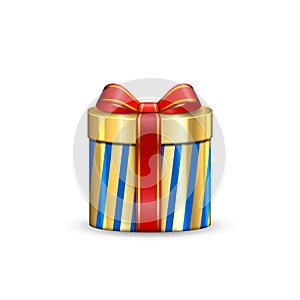 Gift box 3d, red ribbon bow Isolated white background. Decoration present gold gift-box for Happy holiday, birthday