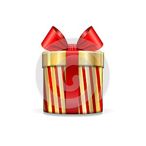 Gift box 3d, red ribbon bow Isolated white background. Decoration present gold gift-box for Happy holiday, birthday