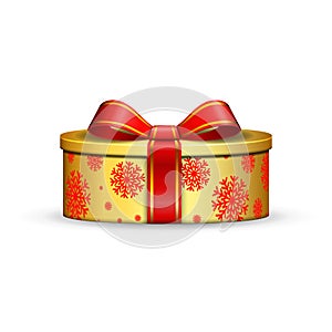 Gift box 3d, red ribbon bow Isolated white background. Decoration present gold gift-box for Happy holiday, birthday