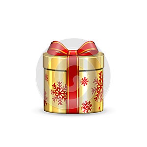 Gift box 3d, red ribbon bow Isolated white background. Decoration present gold gift-box for Happy holiday, birthday