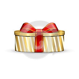 Gift box 3d, red ribbon bow Isolated white background. Decoration present gold gift-box for Happy holiday, birthday