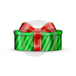 Gift box 3d, red ribbon bow Isolated white background. Decoration present green gift-box for Happy holiday, birthday