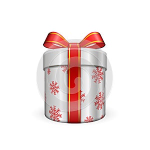 Gift box 3d, red ribbon bow Isolated white background. Decoration present silver gift-box for Happy holiday, birthday