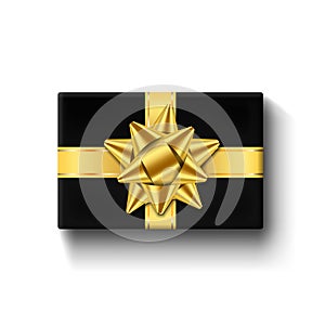 Gift box 3d top view, gold ribbon bow. Isolated white background. Decoration present black gift box for holiday