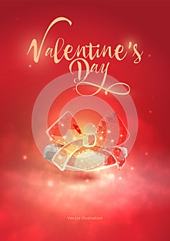 Gift box.Abstract on red background.Low poly wireframe. Post card Valentine`s Day.Particles are connected in a geometric shap