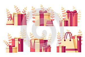 Gift box with abstract soft color pattern with leaves on background flat vector illustration on white background