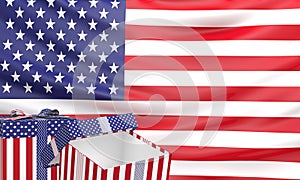 Gift box with American Flag Wave Close Up.