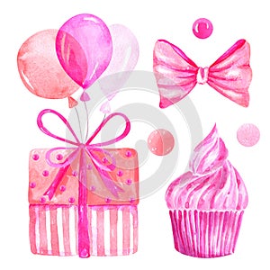 Gift box with balloons, cupcake, bow Girl birthday party design elements