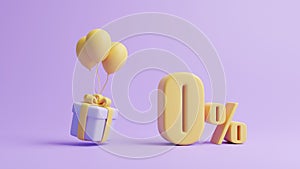 Gift box, balloons and zero percent sign on pastel purple background