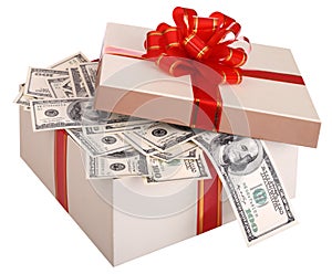 Gift box with banknote of dollar.